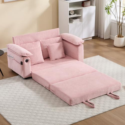 3-in-1 Convertible Sofa Bed, Upholstered Pull Out Loveseat Sleeper Sofabed | Foldable Loveseat Sleeper Couch with Pillows & Cushion, Space‑Saving Lounge Mattress Sofa for Living Room/Apartment, Pink - color: Pink