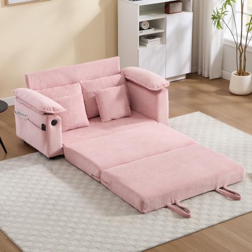 Convertible Sofa Bed, Foldable Space Saving Loveseat Floor Lounge Couch | 3-in-1 Convertible Velvet Sofa Bed, Foldable Loveseat Couch, Space Saving Floor Sleeper Lounge Mattress for Small Apartment - color: Pink