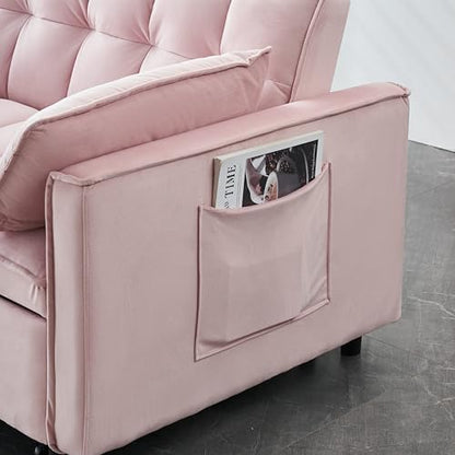 55" Pull Out Sleeper Sofa, Velvet Loveseat with Side Pockets,Pink | Velvet upholstery, 5-level adjustable back, Pull-out bed design, Sturdy frame with side pockets - color: Pink