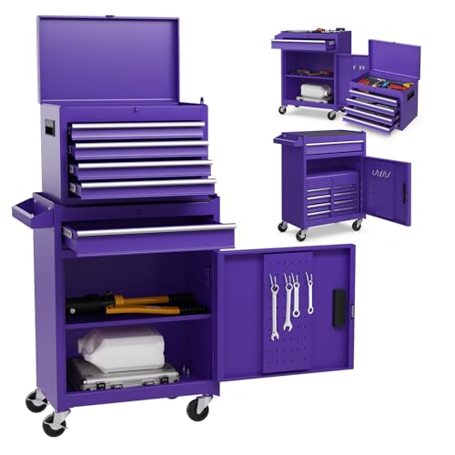 Goplus Purple Tool Chest, 5 Drawers Rolling Tool Cabinet w/Detachable Top Toolbox, Universal Lockable Wheels,Lock Bar,Protective Liner,Tool Rack, Metal Tool Storage Cart, Tool Box for Garage Workshop - color: Purple, style: 5-Drawers