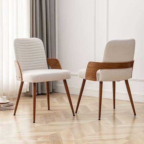 Dining Room Chairs Set of 2,Mid Century Modern Kitchen Chairs,Upholstered Beige Fabric Accent Chairs,Metal Legs Wooden Desk Chairs Armless and No Wheels for Kitchen Dining Living Room - color: Beige Fabric, size: Set of 2