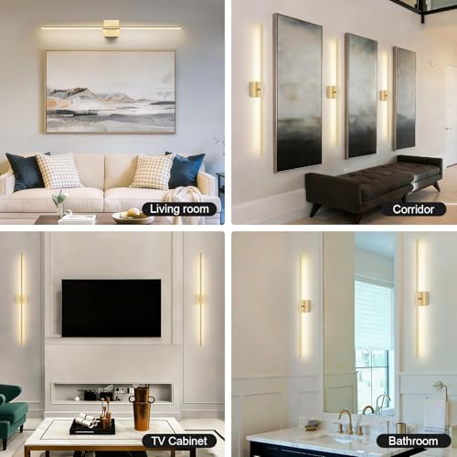 Battery Operated Wall Sconce, 3000K-6000K Dimmable Gold Wall Lights with Remote Control, Timable LED Wireless Wall Sconces, 350° Ratate for Bathroom, Living Room, Hallway 39.4 Inch 1 Pack - color: Gold, size: 39.4in(1 Pack)