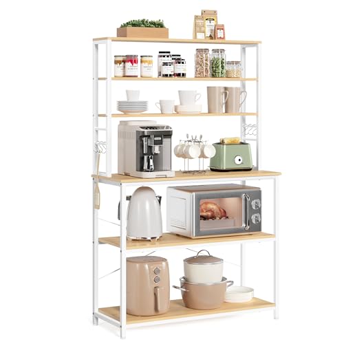 VASAGLE Coffee Bar, 39.4 Inches Baker's Rack for Kitchen with Storage, 6-Tier Kitchen Shelves with 6 Hooks, Microwave Stand, Modern, Golden Oak and Cloud White UKKS039Y09 - color: Golden Oak + Cloud White, size: 39.4"W, style: No Power Outlet