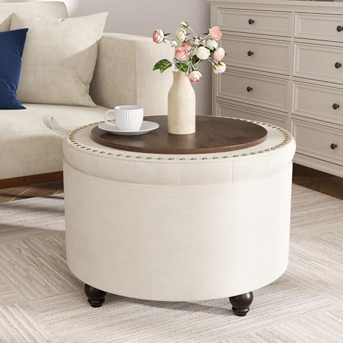24 Inch Round Storage Ottoman,Modern Tufted Ottomans,Circular Coffee Table with Removable Top,Upholstered Large Ottoman with Storage Footrest Stool for Bedroom Living Room (White) - color: White, size: 24"D x 24"W x 16.9"H