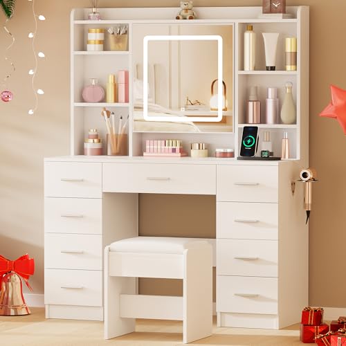BEWISHOME Vanity Desk with Jewelry Storage,Power Outlet and Cushioned Stool | Makeup Vanity Table with Smart LED Mirror,3 Colors,Dressing Table with 9 Drawers and 6 Shelves for Bedroom Girls White