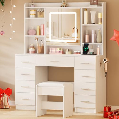BEWISHOME Vanity Desk with Jewelry Storage,Power Outlet and Cushioned Stool | Makeup Vanity Table with Smart LED Mirror,3 Colors,Dressing Table with 9 Drawers and 6 Shelves for Bedroom Girls White