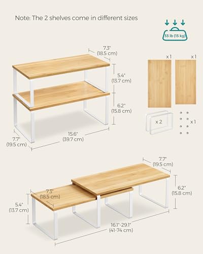 SONGMICS Cabinet Organizer Shelf, Set of 2 Spice Rack, Kitchen Storage | Kitchen Counter Storage Spice Rack, Steel, Bamboo, Light Bamboo and Matte White, BYSTRO Collection UKCS200W01 - color: Cloud White + Natural Beige, size: 15.6"w