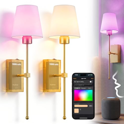 Battery Operated Wall Sconces Set of 2, Matter Smart Wall Lights | Requires Matter Hub, 66H Rechargeable, RGB Dimmable, Works with Alexa Apple & Google Home, No Wiring