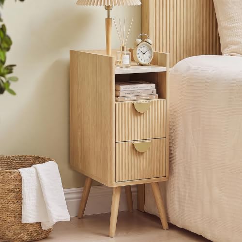 26" H Narrow Nightstand with Drawers, Natural Slim Side Table | Space-Saving Design | Fluted Drawers | Open Shelf Organization | Thick Panels | Rounded Corners - color: Natural, size: 1 Pack