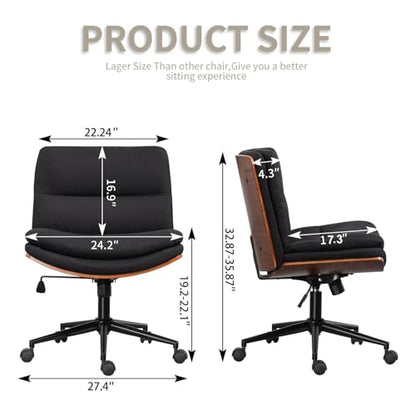 Armless Modern Walnut Office Desk Chair with Wheels, Adjustable Wide Swivel Task Chair, Ergonomic Cross Legged Fabric Chair for Conference Room, Home Office (Black) - color: Black (Linen)