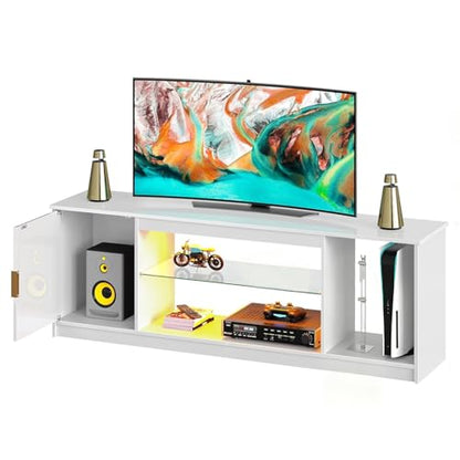 Bestier Glossy Fluted TV Stand for 65 Inch TV, Gaming LED Entertainment Center with Cabinet for PS5 Xbox, TV Console with Adjustable Glass Shelves for Living Room Bedroom, Bright White - color: Bright White