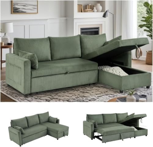 85'' Queen 3-Seat Pull Out Sleeper Sofa Bed with Storage, Green | Convertible Sofa Bed with Storage, 85 Inch,L Shaped 3 Seat Sectional Sleeper Sofa - color: C-green-3r