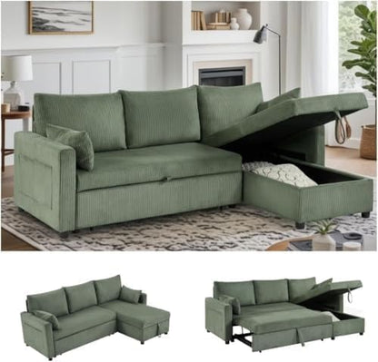85'' Queen 3-Seat Pull Out Sleeper Sofa Bed with Storage, Green | Convertible Sofa Bed with Storage, 85 Inch,L Shaped 3 Seat Sectional Sleeper Sofa - color: C-green-3r