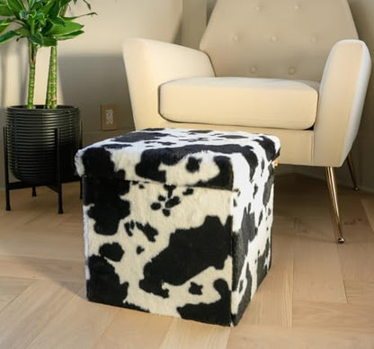 Luxe Faux Fur Storage Ottoman, Cowhide Black/White, 15 x 15 x 15 in | Engineered Wood, Tool-Free Assembly, Modern Style, Seat And Footrest - color: Cowhide Black/White, size: 15"D x 15"W x 15"H