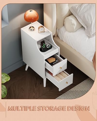 WLIVE Small Nightstand with Drawers, Narrow Bedside Tables with Open Shelf & Cable Hole, Narrow Nightstand for Bedroom, Modern Storage Cabinet for Small Spaces/Living Room, White - color: White