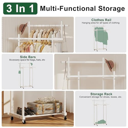 Lutown-Teen Metal Clothes Rack with Lockable Wheels, Double Rods, White | Clothing Rack Heavy Duty with Storage Rods, 150 LB Capacity Garment Rack, Easy Assembly - color: White, size: Double Rods