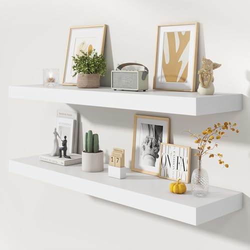 48 Inch Floating Shelves, 12'' Deep White Shelves for Wall Set of 2 | Invisible Brackets, Engineered Wood, Mounting Hardware Included, 50LBS, Bathroom, Laundry Room, Kitchen, Living Room - color: White, size: 48W x 11.6D x 2H, 2 Pack