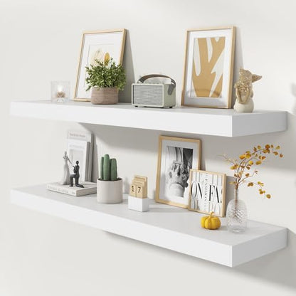48 Inch Floating Shelves, 12'' Deep White Shelves for Wall Set of 2 | Invisible Brackets, Engineered Wood, Mounting Hardware Included, 50LBS, Bathroom, Laundry Room, Kitchen, Living Room - color: White, size: 48W x 11.6D x 2H, 2 Pack
