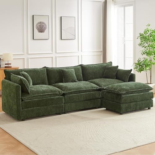 Modular Sectional Sofa, 112.2 Inch L Shaped Couch Set with Armrests, 3-Seater Comfy Cloud Couches with Movable Ottoman for Living Room Apartment, Green Sofa - color: Green, size: 112'' - L Shape