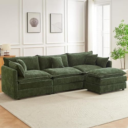 Modular Sectional Sofa, 112.2 Inch L Shaped Couch Set with Armrests, 3-Seater Comfy Cloud Couches with Movable Ottoman for Living Room Apartment, Green Sofa - color: Green, size: 112'' - L Shape