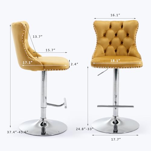 Velvet Bar Stool Set of 2, Adjustable Swivel Bar Stools with Silver Plated Metal Leg, Button Tufted, Footrest, Chrome Nailhead, Counter Height Chair for Kitchen, Bar, Dining Room (Gold) - color: Gold-silver Leg, size: Set of 2
