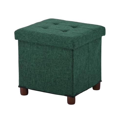 15 Inches Storage Ottoman with Wooden Legs, Cube Foot Rest Stool/Square Footstool Storage for Living Room, Foldable Fabric Ottoman, Comfortable Seat with Lid, Space-Saving Green