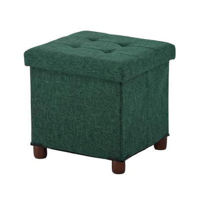 15 Inches Storage Ottoman with Wooden Legs, Cube Foot Rest Stool/Square Footstool Storage for Living Room, Foldable Fabric Ottoman, Comfortable Seat with Lid, Space-Saving Green