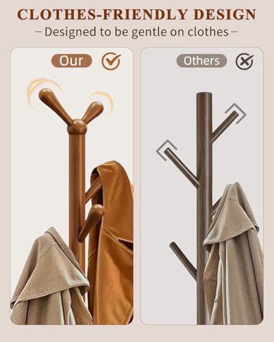 STARSAGA Solid Wood Coat Rack Freestanding Coat Tree with 8 Hooks | Adjustable Height Heavy Duty Coat Rack with Rounded Hooks & Dual-Layer Base, Holds Coats Hats Bags for Entryway, Bedroom - color: Walnut
