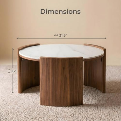 KEIKI 31.5" Round Sintered Stone Coffee Table, Glossy White Marble Look Center Table with Thick Slab Legs, Modern Circular Cocktail Table for Living Room, Apartment, Walnut White Marble - color: Walnut White Marble