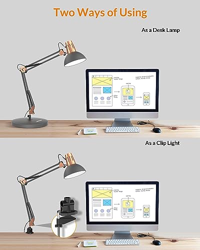 LEPOWER Metal Adjustable Desk Lamp with Clamp, Swing Arm for Home Office | Gooseneck, Architect Style, Eye-Caring Table Lamp, On/Off Switch, E26 Base, Reading for Dorm, Bedroom, Study, Back to School - color: Sand Black