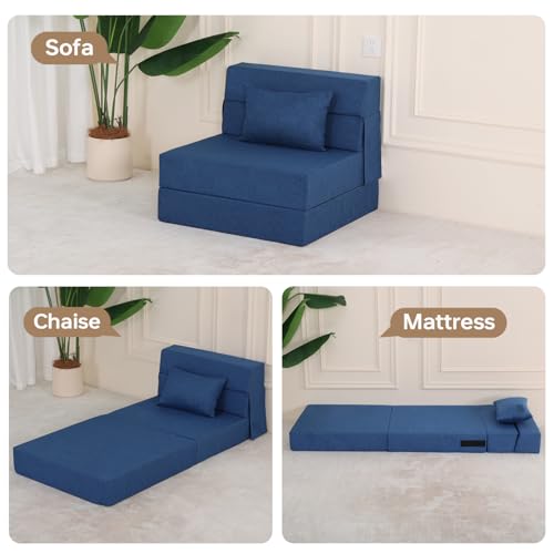 Fvkind Folding Sofa Bed with Pillow, Washable Cover, Single Size, Blue | Linen-Like Fabric - Foldable Space-Saving Design - Portable Guest Bed - Living Room & Apartment - Adults & Guests - color: Blue, size: Single