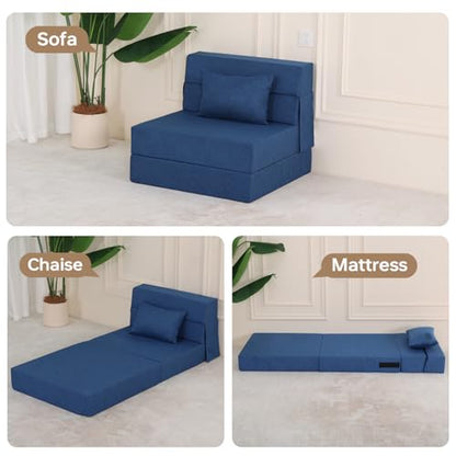 Fvkind Folding Sofa Bed with Pillow, Washable Cover, Single Size, Blue | Linen-Like Fabric - Foldable Space-Saving Design - Portable Guest Bed - Living Room & Apartment - Adults & Guests - color: Blue, size: Single