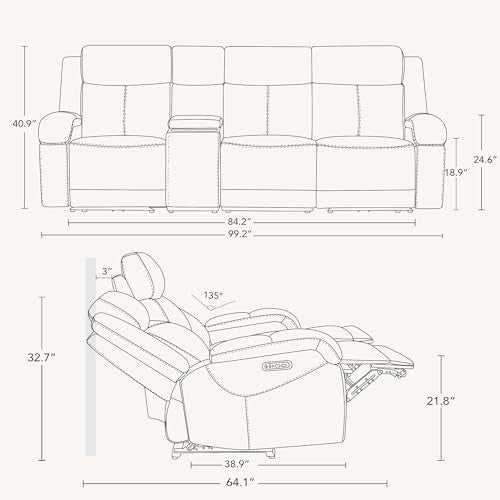 Watson & Whitely Wall Hugger Power Reclining Sofa with Console, Navy Blue | Genuine Leather Recliner Sofa, Power Headrests, Center Storage Console, Cup Holders, 3-Seater Couch, Living Room & RV - color: Navy Blue, style: 3 Seater Sofa (with console)