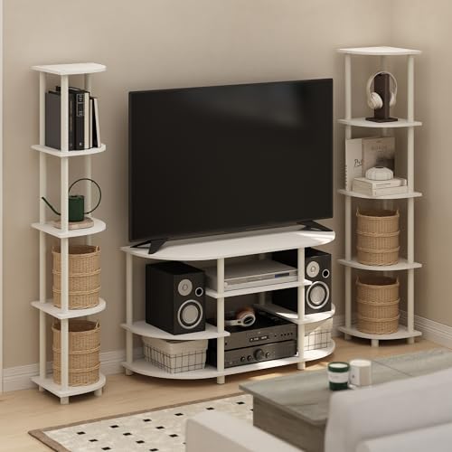 Furinno Turn-N-Tube Corner Shelf Set of 2, 5-Tier Corner Bookshelf, Open Storage Shelves, for Organization and Storage, Living Room, Home Office, Garage, White - color: White/White, size: 5-Tier Round Tube (Set of 2)