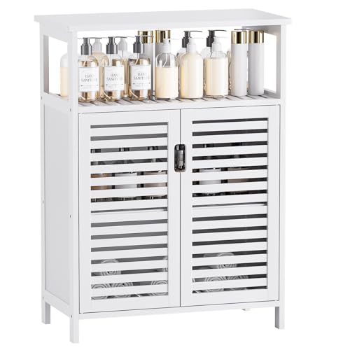 HITNET Bathroom Storage Cabinet, Bamboo Floor Cabinet with Double Doors and Open Shelf, Freestanding Cupboard for Living Room, Kitchen, Entryway, White - color: White