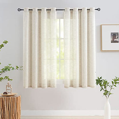 Linen Sheer Curtains 45inch Natural Beige Semi Sheer Curtain Panels for Small Windows Rustic Farmhouse Privacy Window Treatment Set Grommet Top 2pcs 52" Width - color: Natural - Grommet Top, size: 52"W x 45"L (Pack of 2)