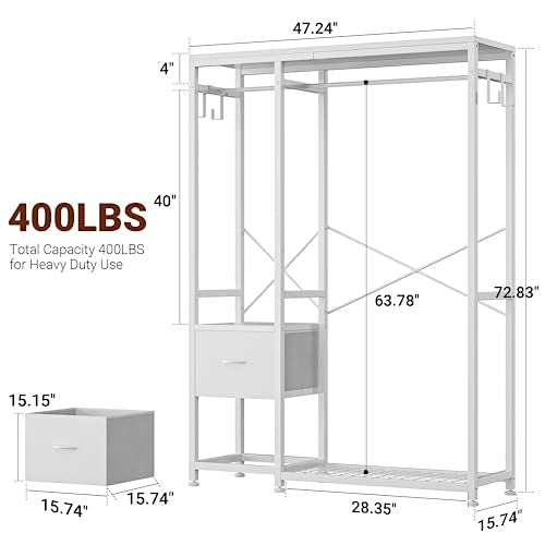 Clothes Rack with 2 Rods, Shelves, Drawers & Hooks, Garment Rack | Clothes rack with 2 hanging rods (50lbs each), 2 shelves, 2 fabric drawers & 4 hooks. 300lb total capacity. Fits small spaces - color: White