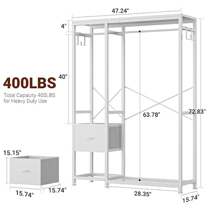 Clothes Rack with 2 Rods, Shelves, Drawers & Hooks, Garment Rack | Clothes rack with 2 hanging rods (50lbs each), 2 shelves, 2 fabric drawers & 4 hooks. 300lb total capacity. Fits small spaces - color: White