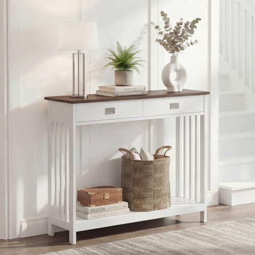 ChooChoo 39" Farmhouse Entryway Table with Drawer, White and Brown | 11.8"D x 39.4"W x 31.5"H, Narrow Console Table with Storage Shelf, Sofa Table for Living Room, Entryway, and Hallway - color: White&brown, size: 11.8"D x 39.4"W x 31.5"H
