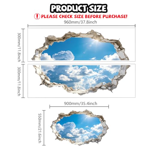 Hole in Wall Sky and Clouds Wall Decals, Wall Stickers Decor | 2 Sheets 11.8"x37.8" Vinyl Removable Peel and Stick Murals, Plant Decor for Bedroom, Bathroom, Office, Classroom & Home - style: Hole in Wall Sky and Clouds