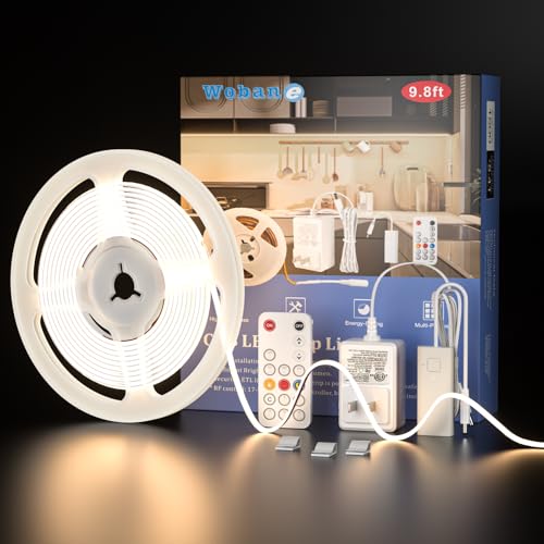 WOBANE Dimmable Under Cabinet Lights,9.8ft COB LED Light Strip with Remote | 4000K Natural White,1500 Lumen,24W Adapter,RF Remote,Super Bright Daylight for Kitchen Cabinet,Under Desk,Counter Lighting - color: Natural White, size: 9.8ft COB
