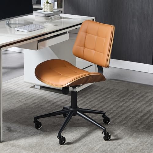 Home Office Desk Chair with Rubber Wheels, Armless Bentwood, Brown | Adjustable Height Armless Office Chair, PU Leather Mid Back 360°Small Computer Chair, No Arms Walnut Seating, 300LBS Support - color: Brown, size: Standard Style