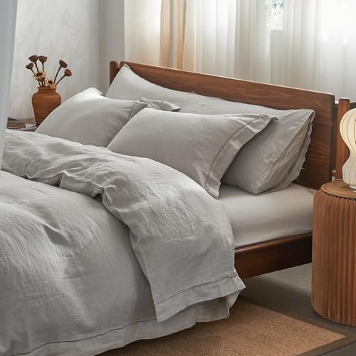 Simple&Opulence 100% Washed Linen Duvet Cover Set with Embroidered,2 Pieces Soft Farmhouse Comforter Set with Button Closure,1 Duvet Cover and 1 Pillowsham(Twin,Grey) - color: Embroidery Grey, size: Twin