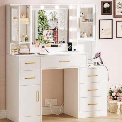 TOKSOM 51" Vanity Desk with Mirror and Lights & Charging Station, Bedroom Dressing Table, Large Vanity Set, 6 Drawers and 2 Cabinets, Makeup Vanity Table with Charging Station, Without Stool - size: 51 inch, style: Modern White