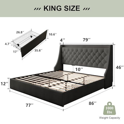 Feonase Upholstered King Size Bed Frame with 4 Storage Drawers, Large Wingback Headboard, No Box Spring Needed, Black - color: Black, size: King