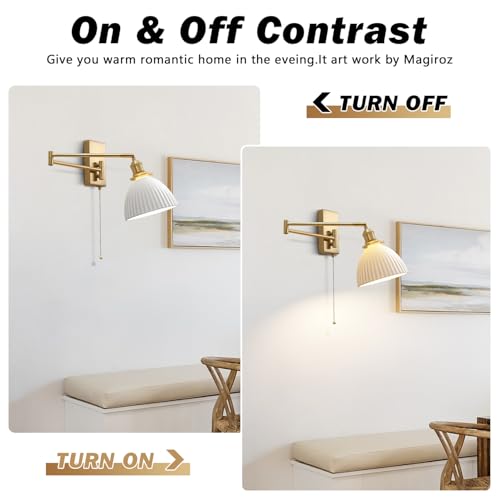 Gold Wall Sconces Set of 2 Modern Bathroom Sconces Wall Lighting Brushed Brass Wall Mount Light Fixture Milk Glass Swing Arm Wall Sconces with Pull Chain Bedroom Hardwired Wall Lamps MWL14D-2 - color: D-2Pack