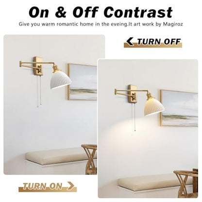 Gold Wall Sconces Set of 2 Modern Bathroom Sconces Wall Lighting Brushed Brass Wall Mount Light Fixture Milk Glass Swing Arm Wall Sconces with Pull Chain Bedroom Hardwired Wall Lamps MWL14D-2 - color: D-2Pack