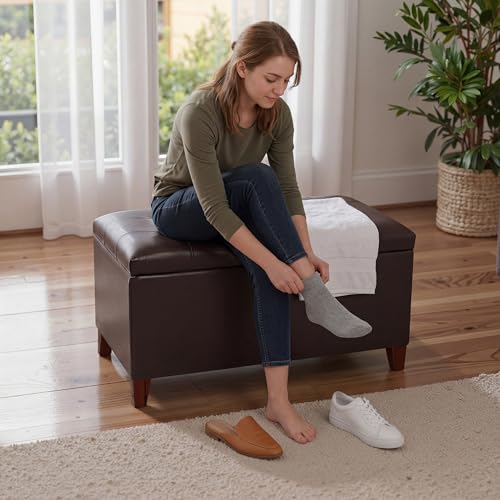 Storage Ottoman Bench, 33 Inches Faux Leather Rectangle Tufted Foot Stool for End Foot of Bed, Bedroom, Living Room, Brown - color: Brown Faux Leather