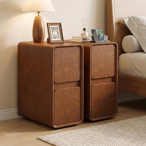 7.8" W Leather Narrow Nightstand Set of 2, Modern Fully-Assembled Bedside Table with 2 Drawers, White Night Stand Small Accent End Table & Side Table for Bedroom, Brown - color: Brown Set of 2, size: 8in