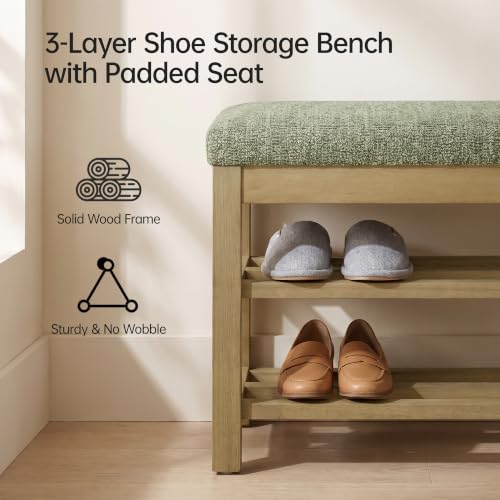 VKNOW 44.3” Entryway Bench, 2-Tier Upholstered Shoe Storage Bench, Green | Shoe Bench with Rubberwood Legs, Shoe Rack for Entryway, Hallway, End of Bed, Living Room - color: Green1